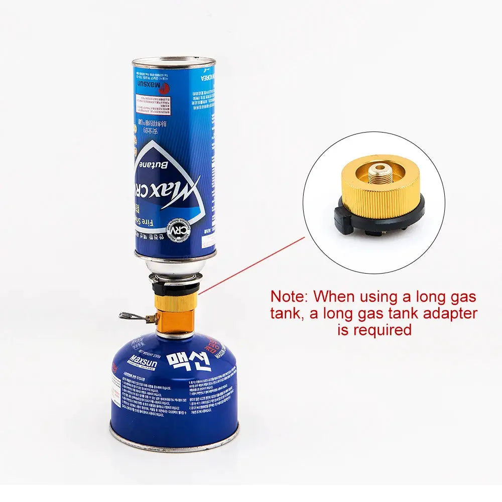Widesea camping stove propane refill adapter on blue butane canister with orange connector