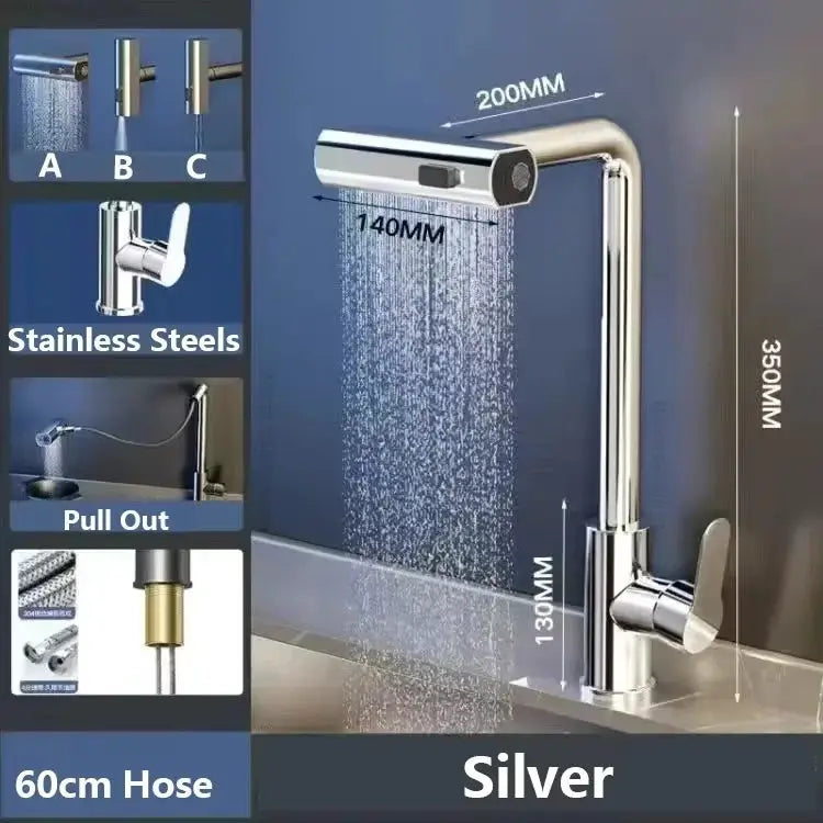 Simples Market silver pull-out kitchen faucet with flexible hose, hot/cold water, deck-mounted, stream shower mode.