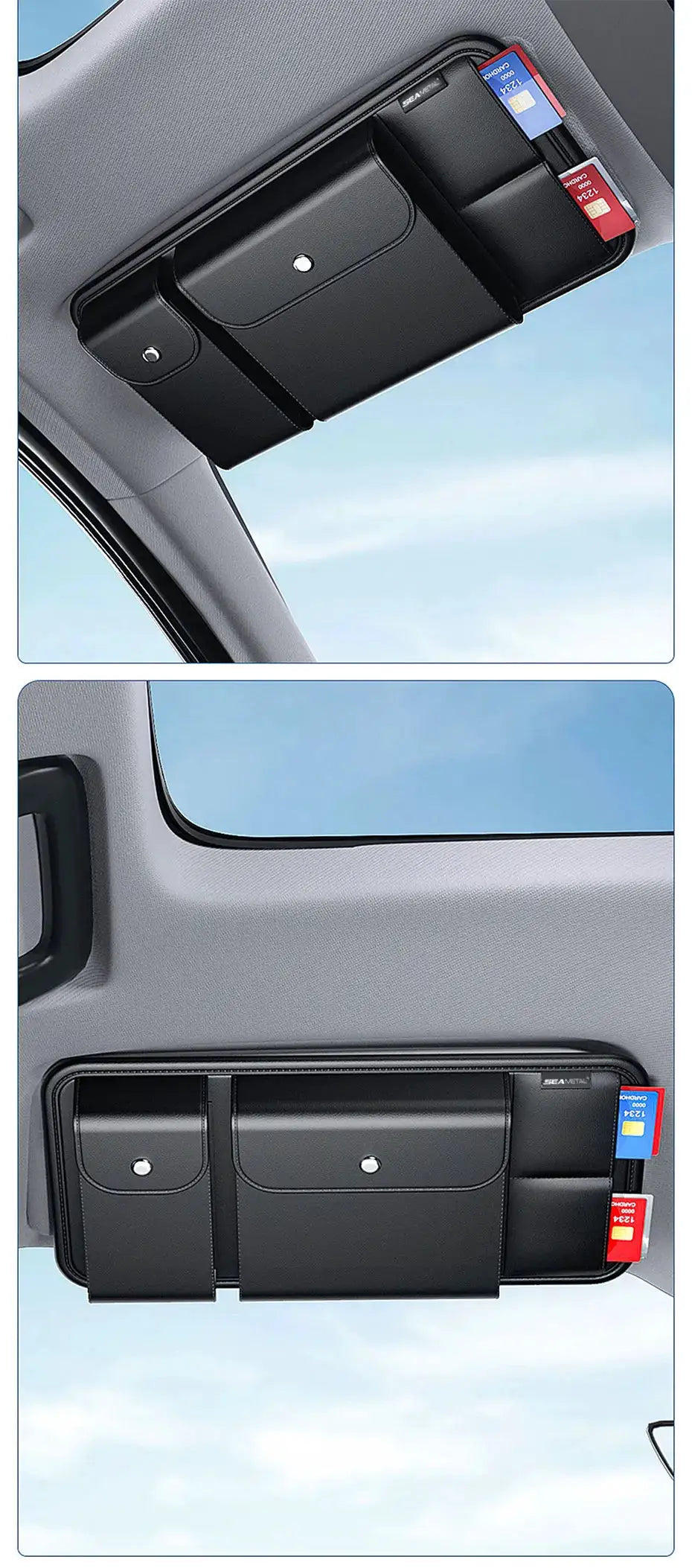 BLALION car sun visor organizer in black leather with multi-pocket card and sunglasses holder and clip.