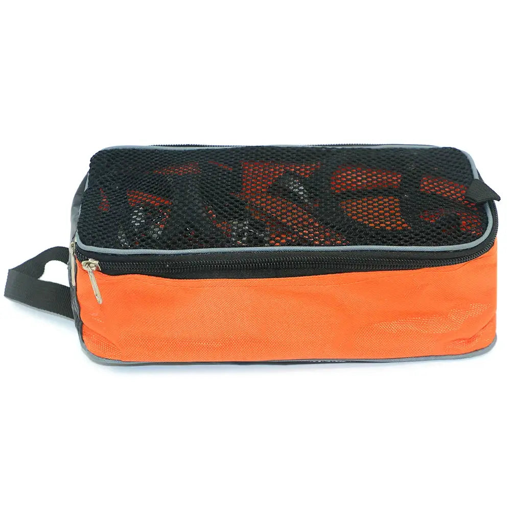 12-tooth ice crampons storage bag in orange with a black mesh top