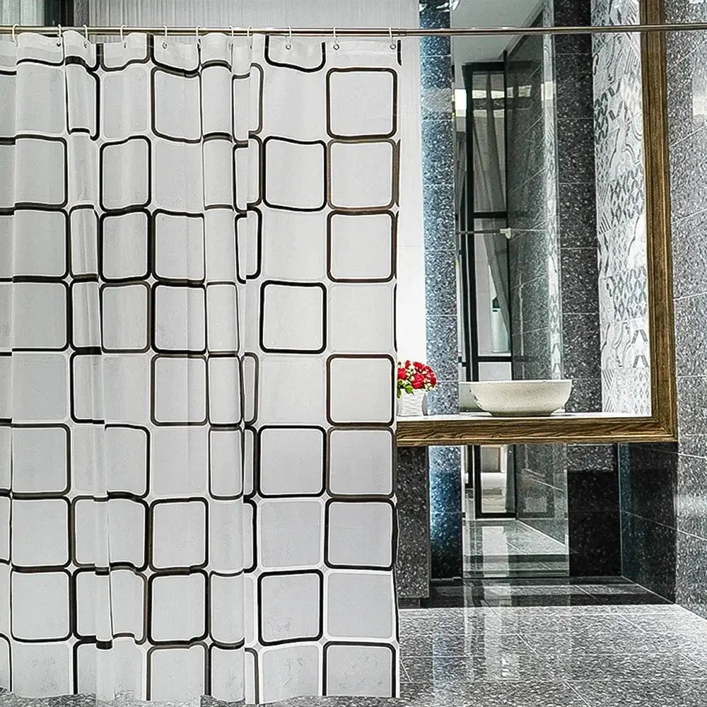 Shower curtain with hooks, white fabric and black square-grid pattern for bathroom