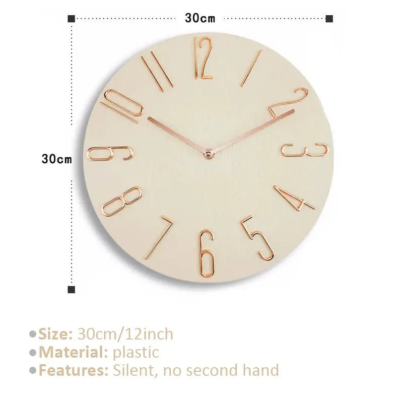 Round wall clock 30cm beige face with rose-gold numerals, no second hand, silent quartz