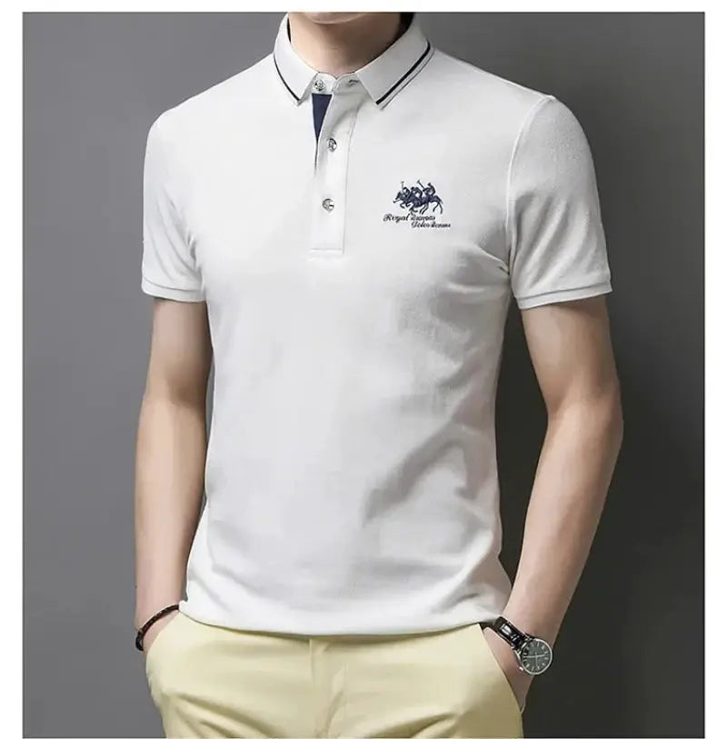 Men's white polo shirt with blue embroidered crest by Simples Market, breathable lightweight short sleeves