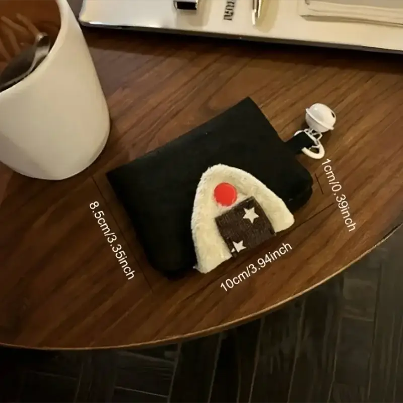 Simples Market cute rice-ball card holder coin purse in black canvas with plush white patch and red dot.