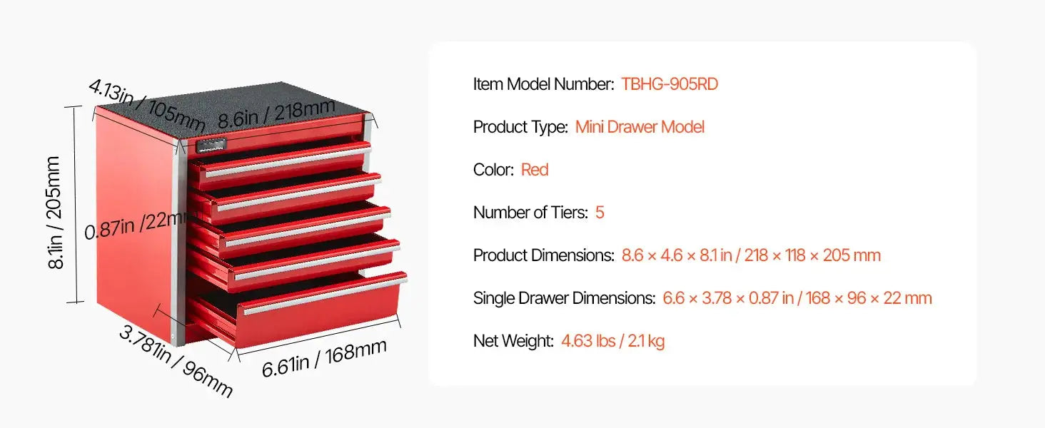 Simples Market 5-drawer red and black metal tool box, portable mini chest with PP feet pads