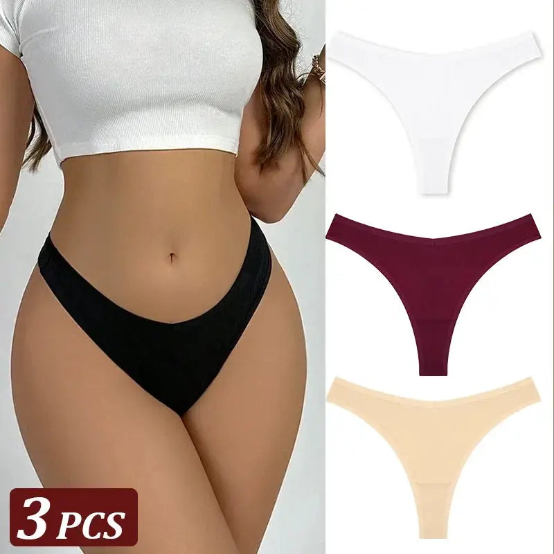 3-piece seamless cotton thong set; white, burgundy and nude colors, low-rise T-back.