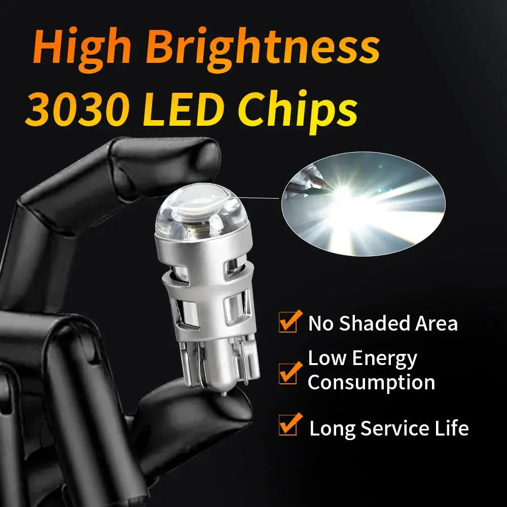 T10 LED bulb with clear lens and metal housing, white light for 12V car use