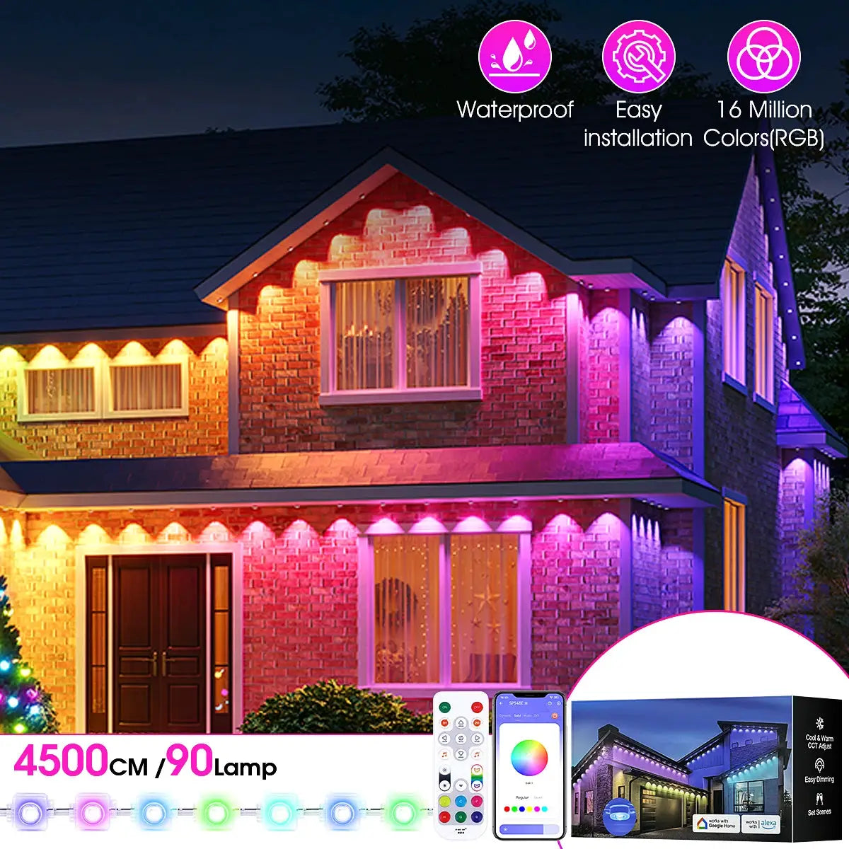 Simples Market permanent outdoor RGBIC LED lights on a brick house; 100ft/150ft, IP67 waterproof, remote and app control