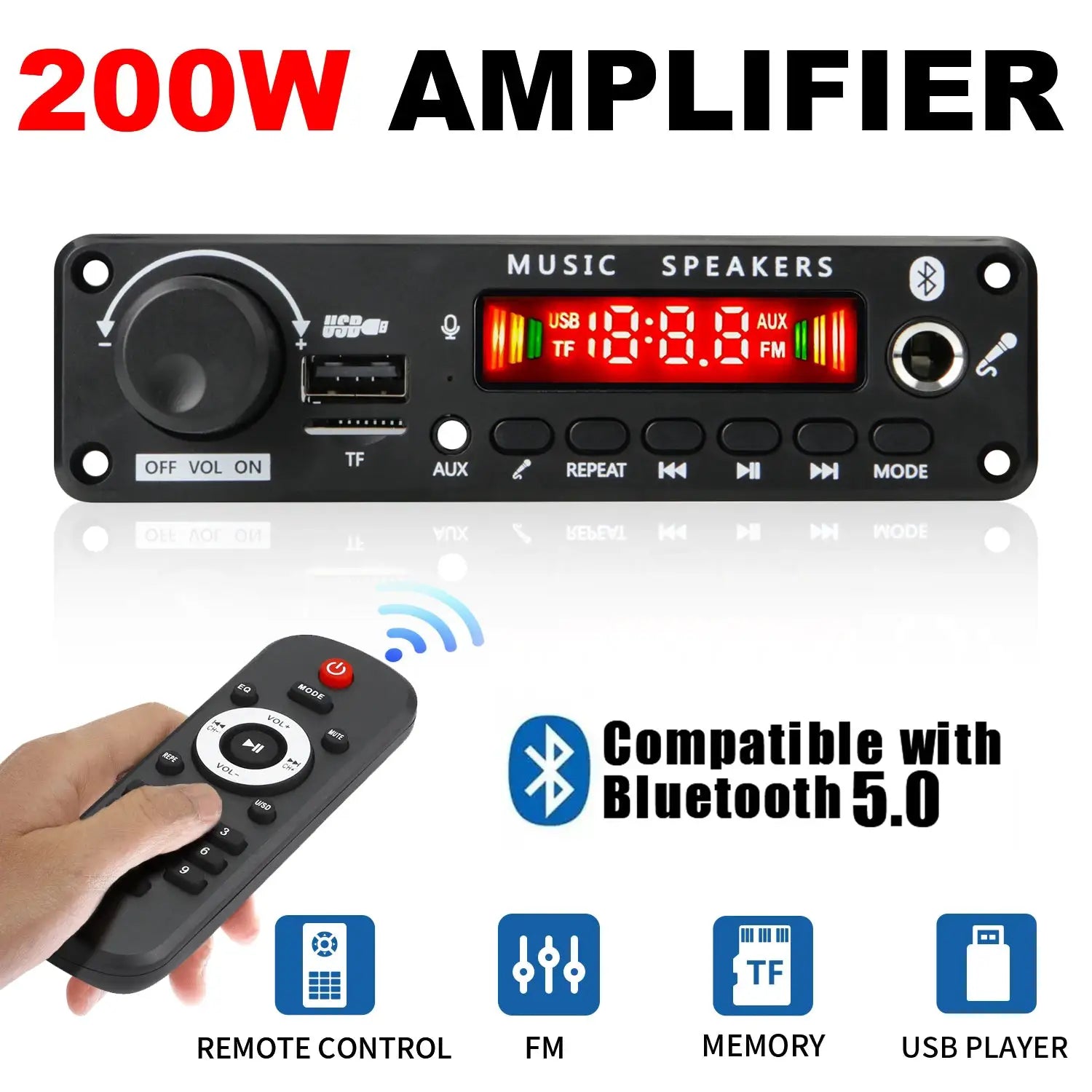 New 200W Bluetooth Amplifier MP3 WAV Decoder Board With USB FM Radio TF Card Slot DC 12V Car Audio