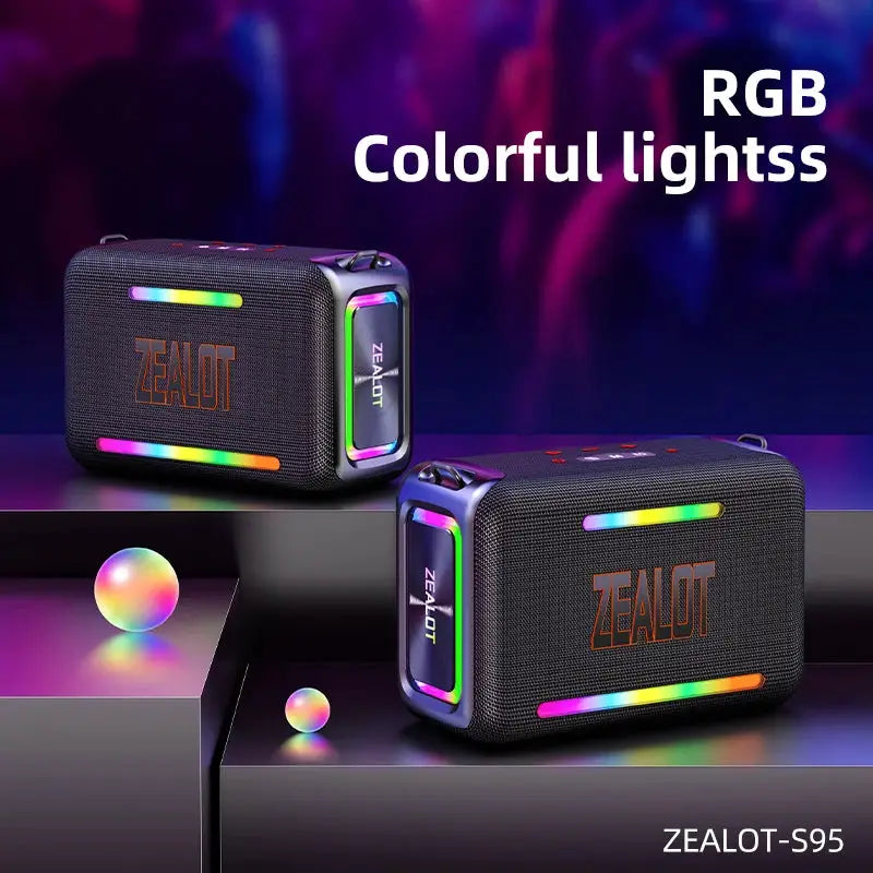 ZEALOT-S95 waterproof portable Bluetooth speaker, 2 units, black with rainbow RGB lighting.