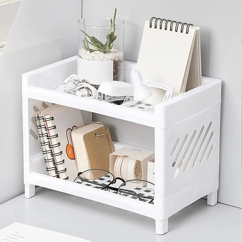 PP Desktop Double Layer Storage Rack Rectangular White For Desk Office Cosmetics Stationery Organization