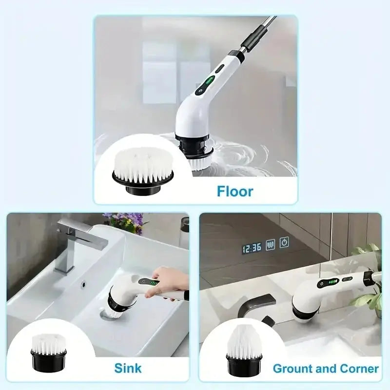 Electric cleaning brush set with 7 heads and adjustable extension; wireless rotating scrubber for floor, sink and grout.