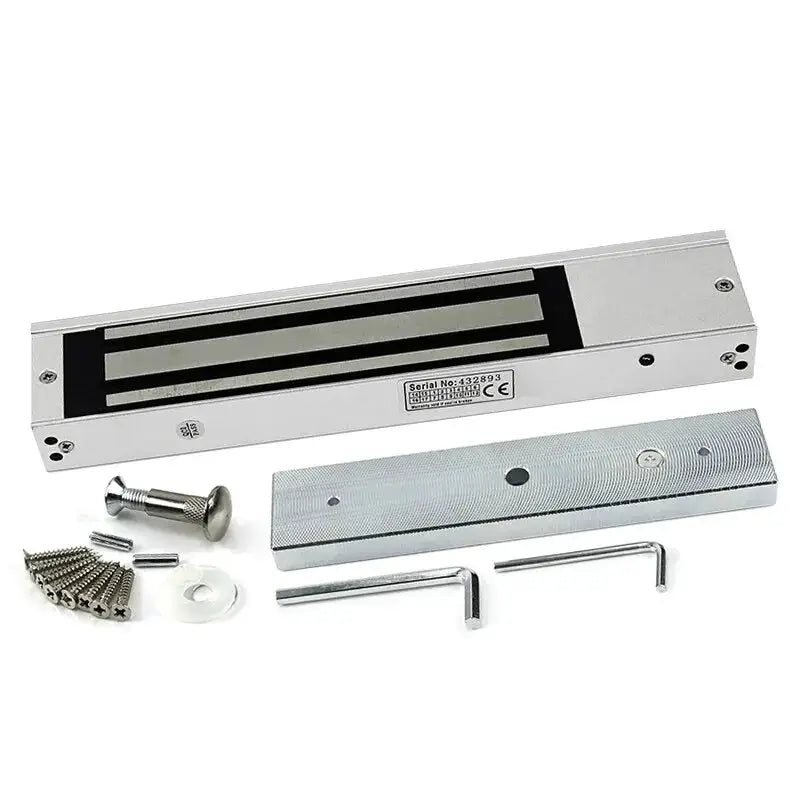 5YOA magnetic lock kit with silver electromagnetic door lock, strike plate, screws, and Allen keys