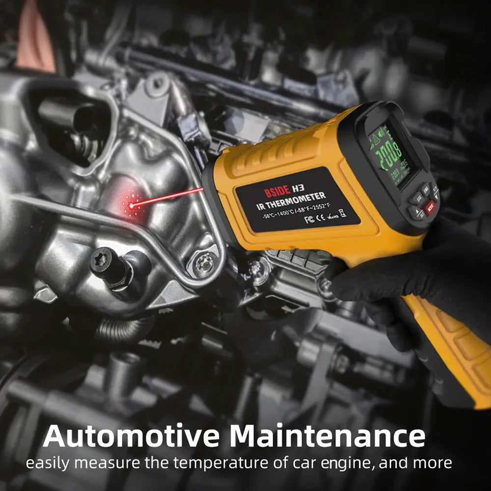 BSIDE infrared thermometer in yellow with non-contact laser for measuring car engine temperature