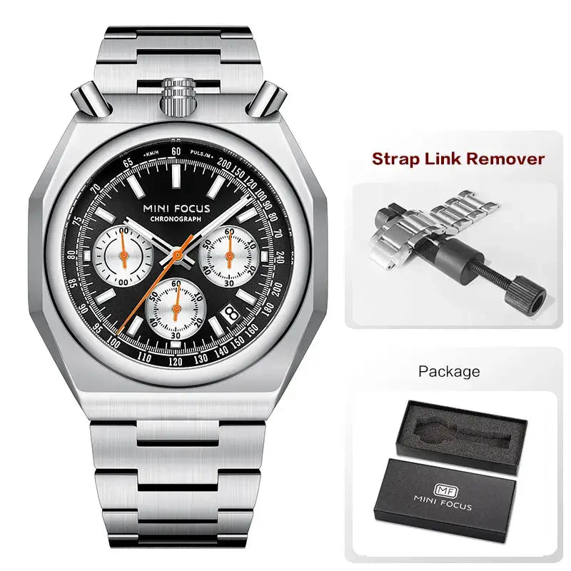 MINI FOCUS Chronograph men's stainless steel watch with black dial and calendar