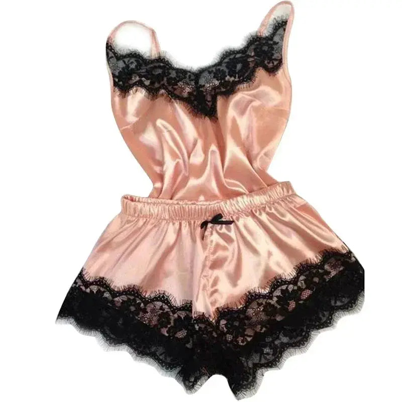 SilkEase Summer Lace Silk Pajama Set For Women Cami Top And Shorts Breathable Lightweight Sleepwear