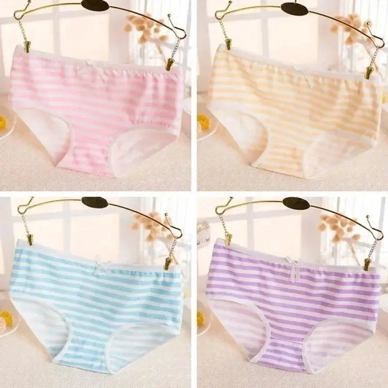 Simples Market 4-pair set of kawaii Lolita striped panties in pink, yellow, blue, and lavender with bows