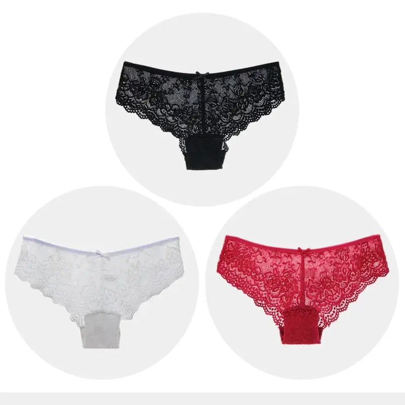 Women lace briefs set in black, white, red; low-rise full lace, breathable (3 pcs)