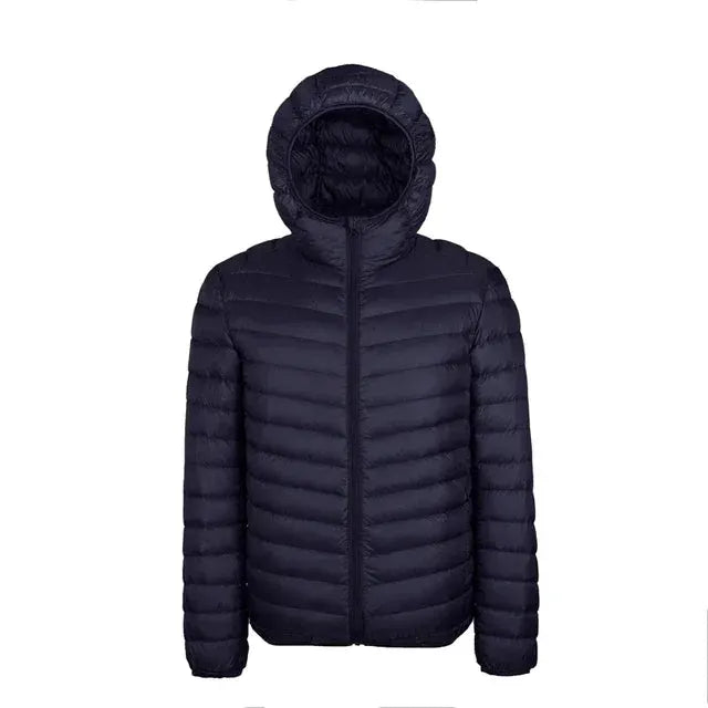 Men's navy blue down jacket with hood, lightweight quilted puffer coat