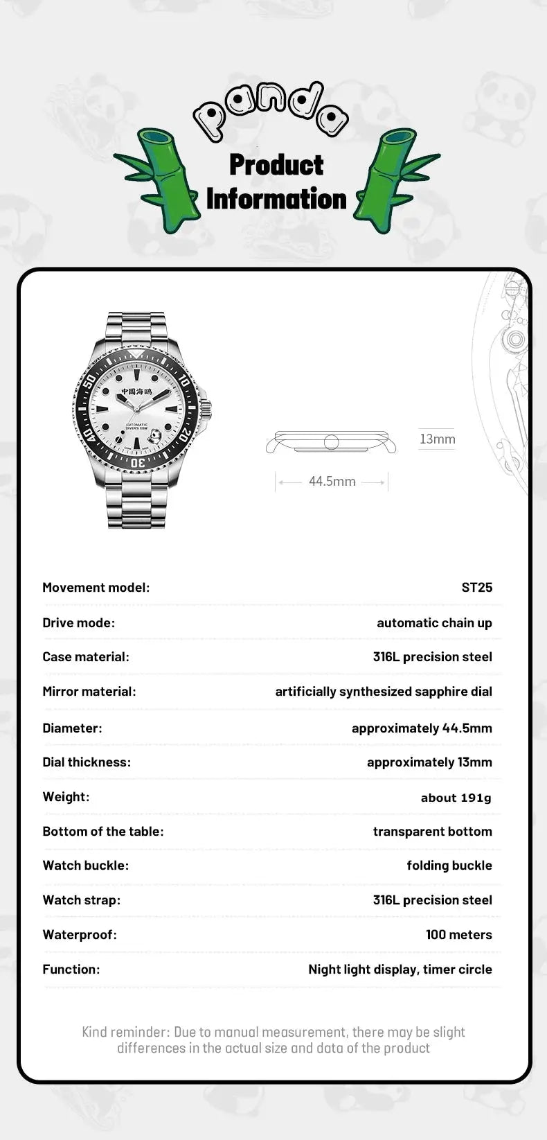 Seagull Panda diving watch, stainless steel case/bracelet, white dial, black bezel, 44.5mm, waterproof 100m