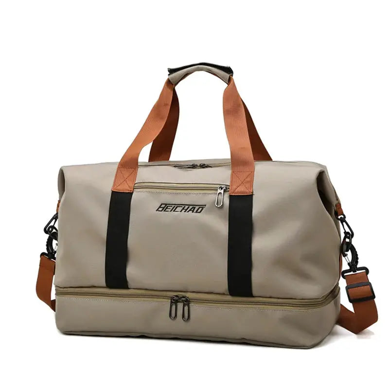 Expandable travel duffle bag by Beichad, beige with orange handles and black straps