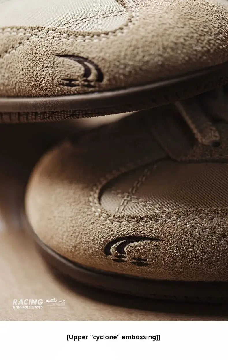 Maden unisex racing shoes with tan suede upper, cyclone embossing and thin sole.