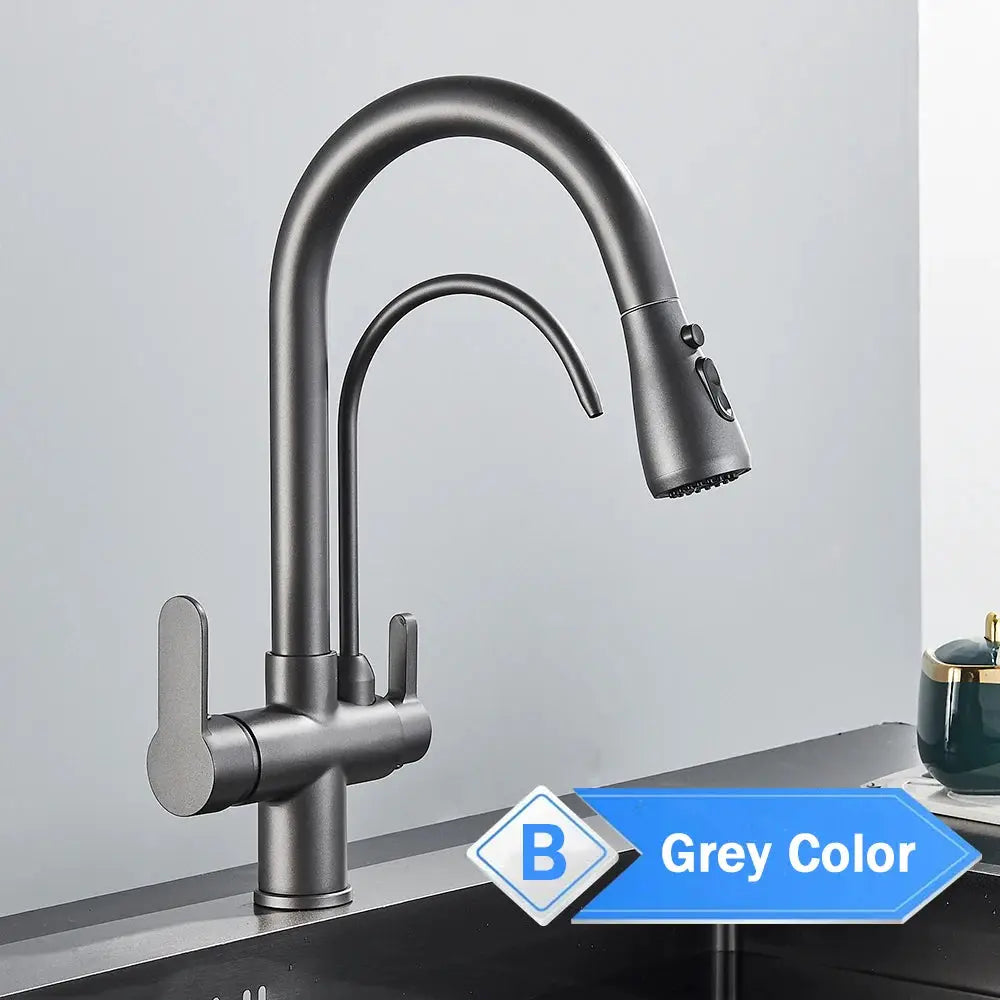 Grey matte kitchen faucet with gooseneck spout, pull-out spray head and dual levers