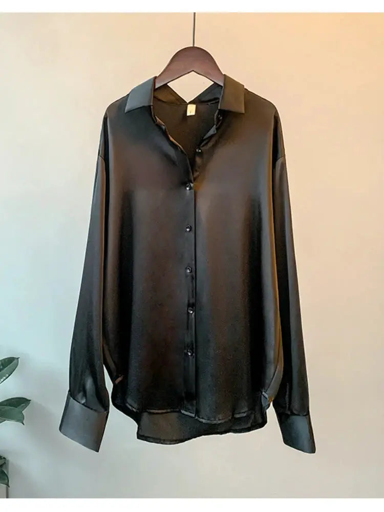 Office Lady Satin Long Sleeve Blouse With Elegant Korean Style Luxury For Professional Office Wear