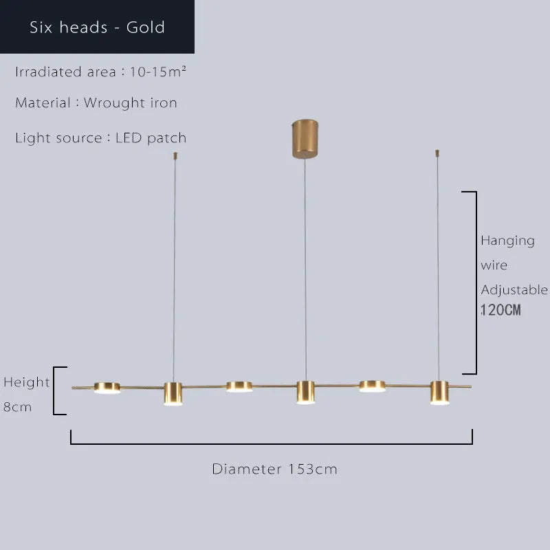 Six-head gold LED chandelier by Simples Market for living room, dimmable with adjustable hanging wires, diameter 153 cm