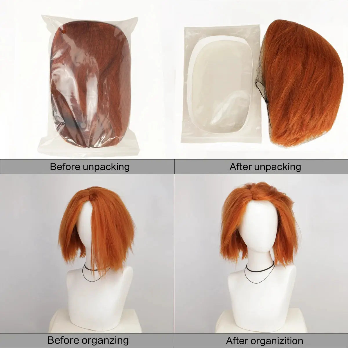 Seed of Chucky orange short cosplay wig by Simples Market, heat-resistant, shown packaged and worn on a mannequin.