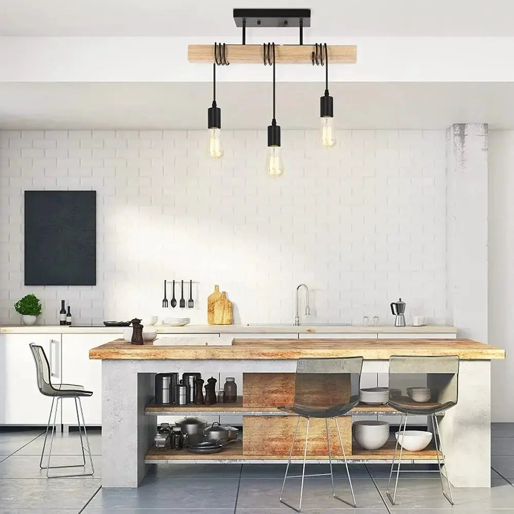 Retro chandelier ceiling light with wood beam, three Edison bulbs and black cords by Simples Market
