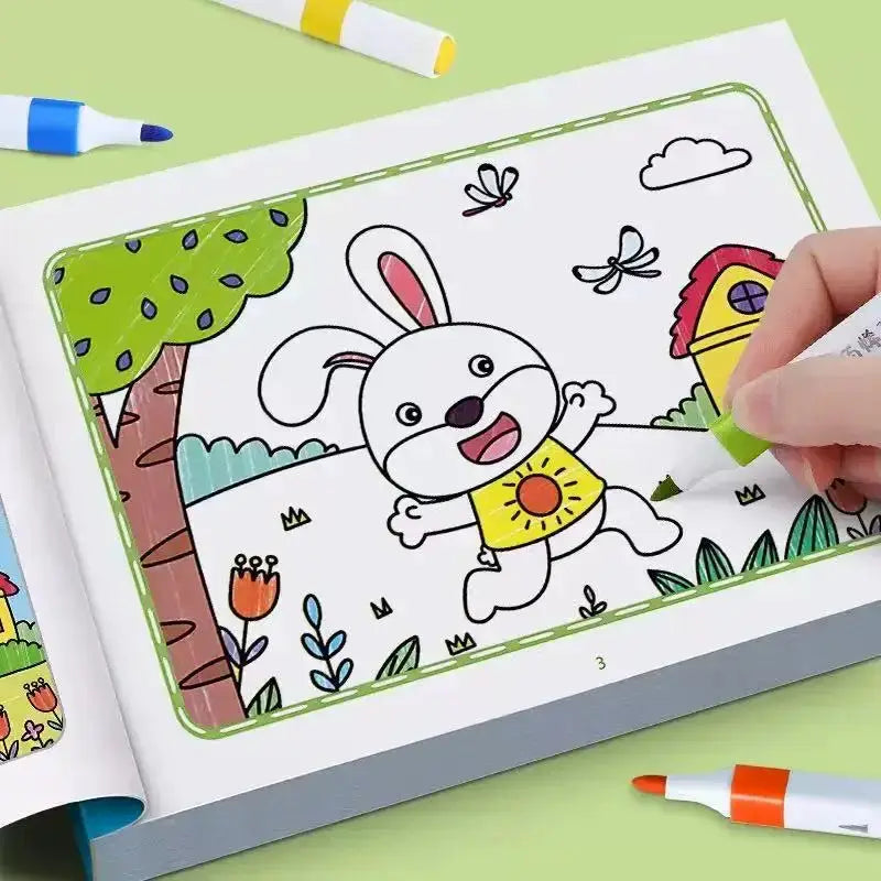 Kids coloring page featuring a smiling bunny in a yellow shirt in a sunny outdoor scene with a green border