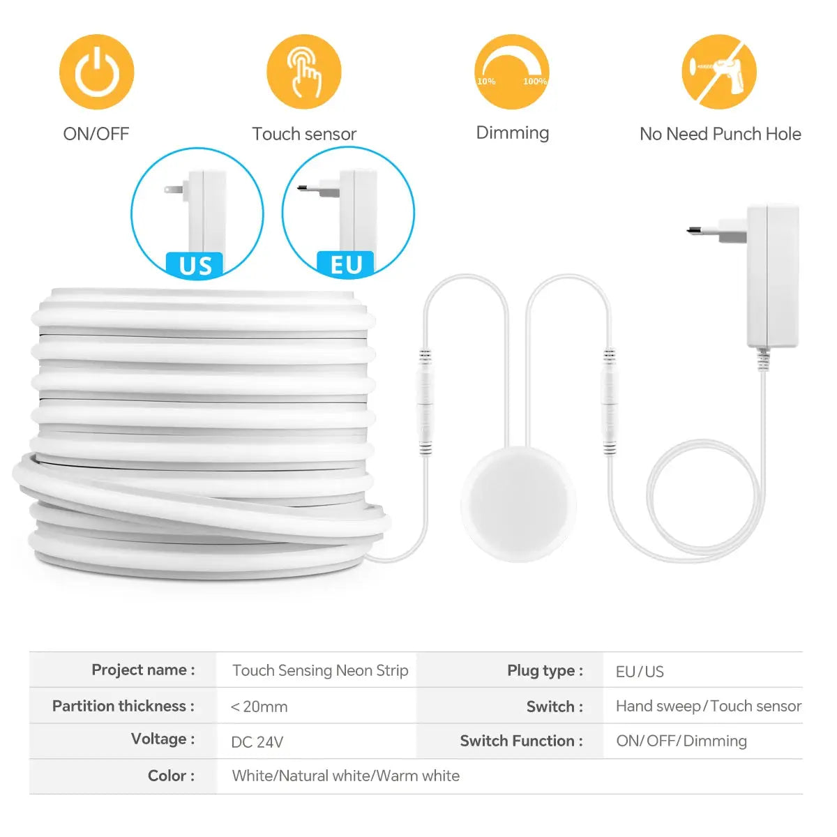 Simples Market self-adhesive COB LED under-cabinet light strip, touch-dimmable white, 2m/3m/5m/10m with EU/US plug