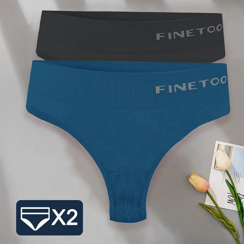 2-pack FINETOO high-waist bodyshaper G-string panties, black and blue for women
