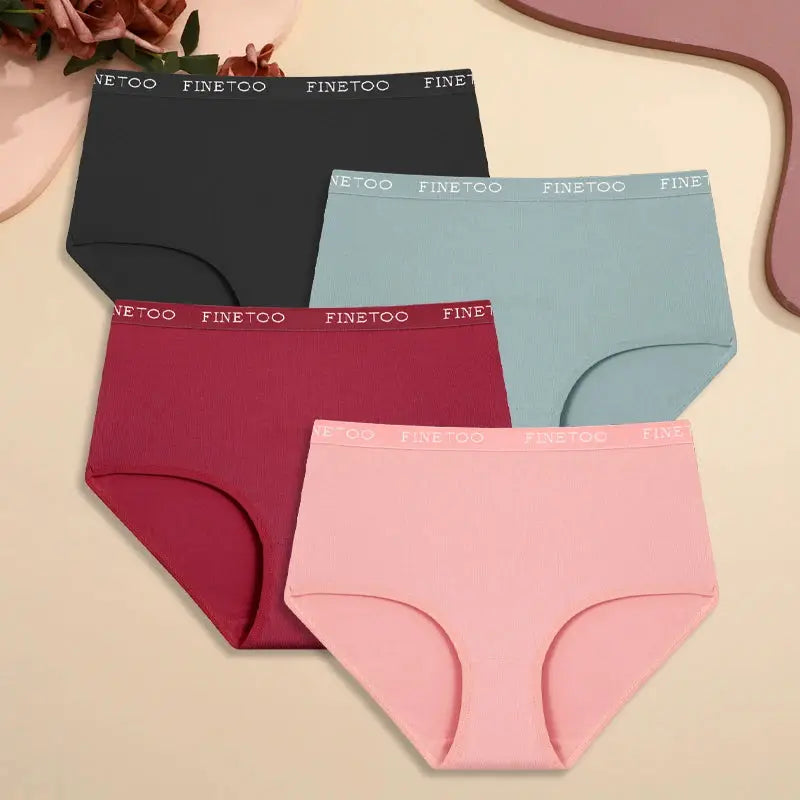 4-pack women's high-waist cotton underwear; FINETOO waistband; colors black, blue, burgundy, pink