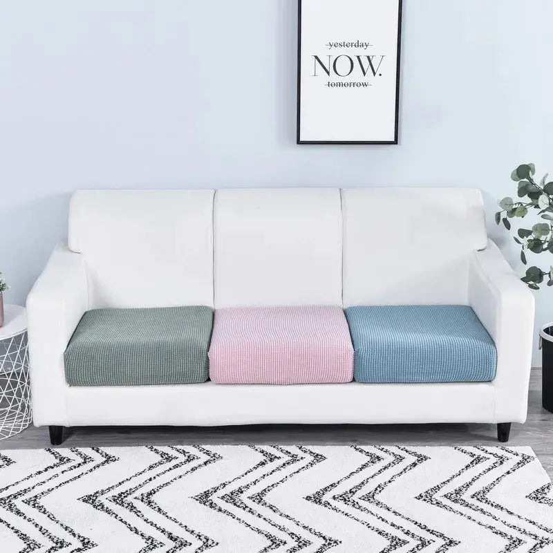 Simples Market polar fleece sofa seat cushion cover set; 3 elastic cushions in green, pink and blue on a white sofa