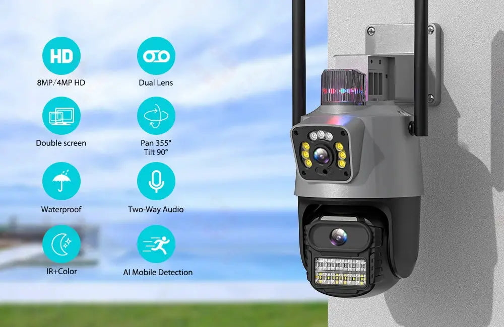 Outdoor PTZ WiFi camera with dual-lens, AI auto-tracking, 4K/8MP, infrared, police light alarm