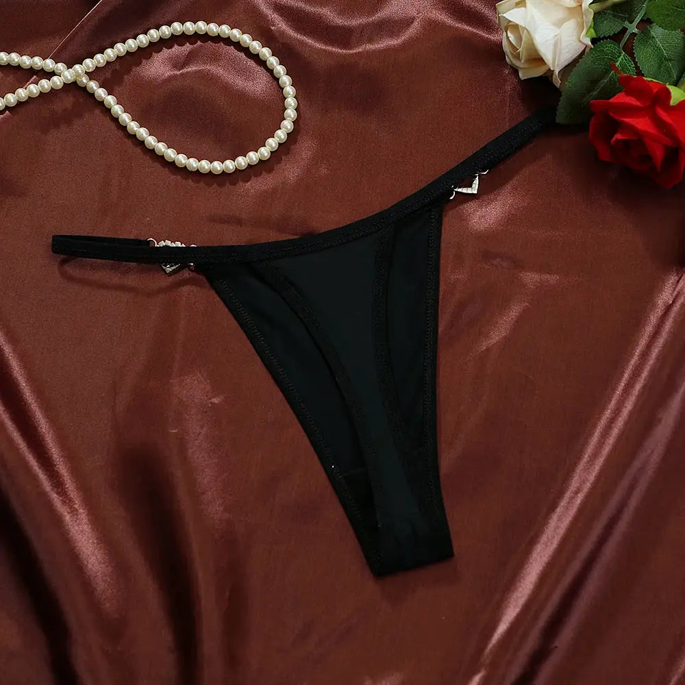 Simples Market women's black low-rise thong with heart decoration, cotton panties.