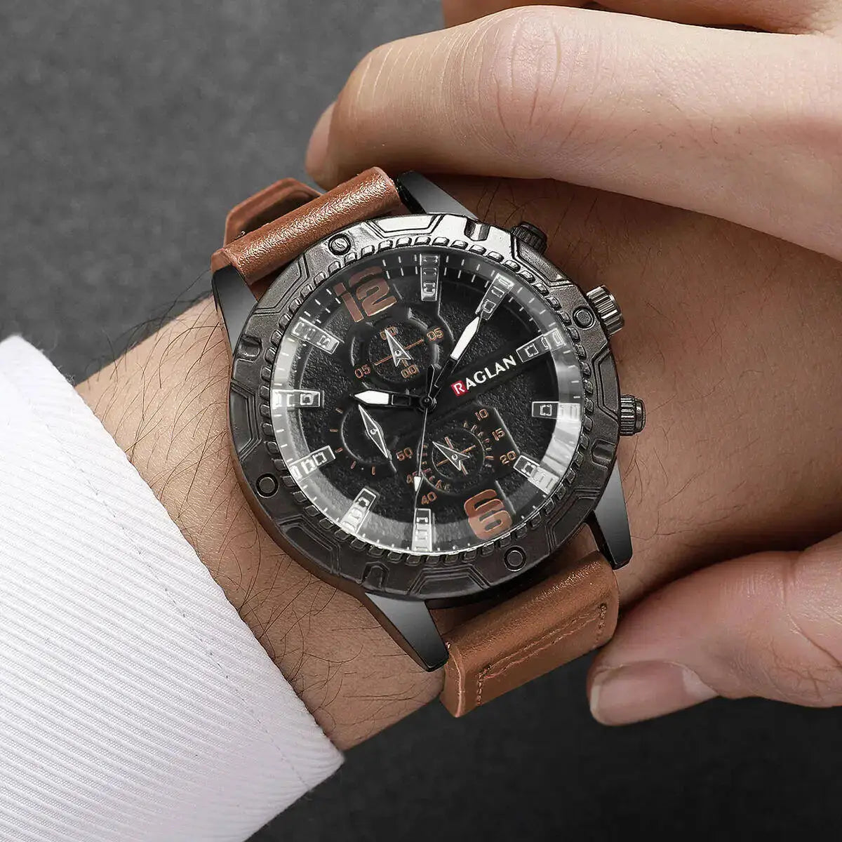 Mens Leather Strap Quartz Watch Large Dial Casual Sports Wristwatch With Arabic Numeral Markers