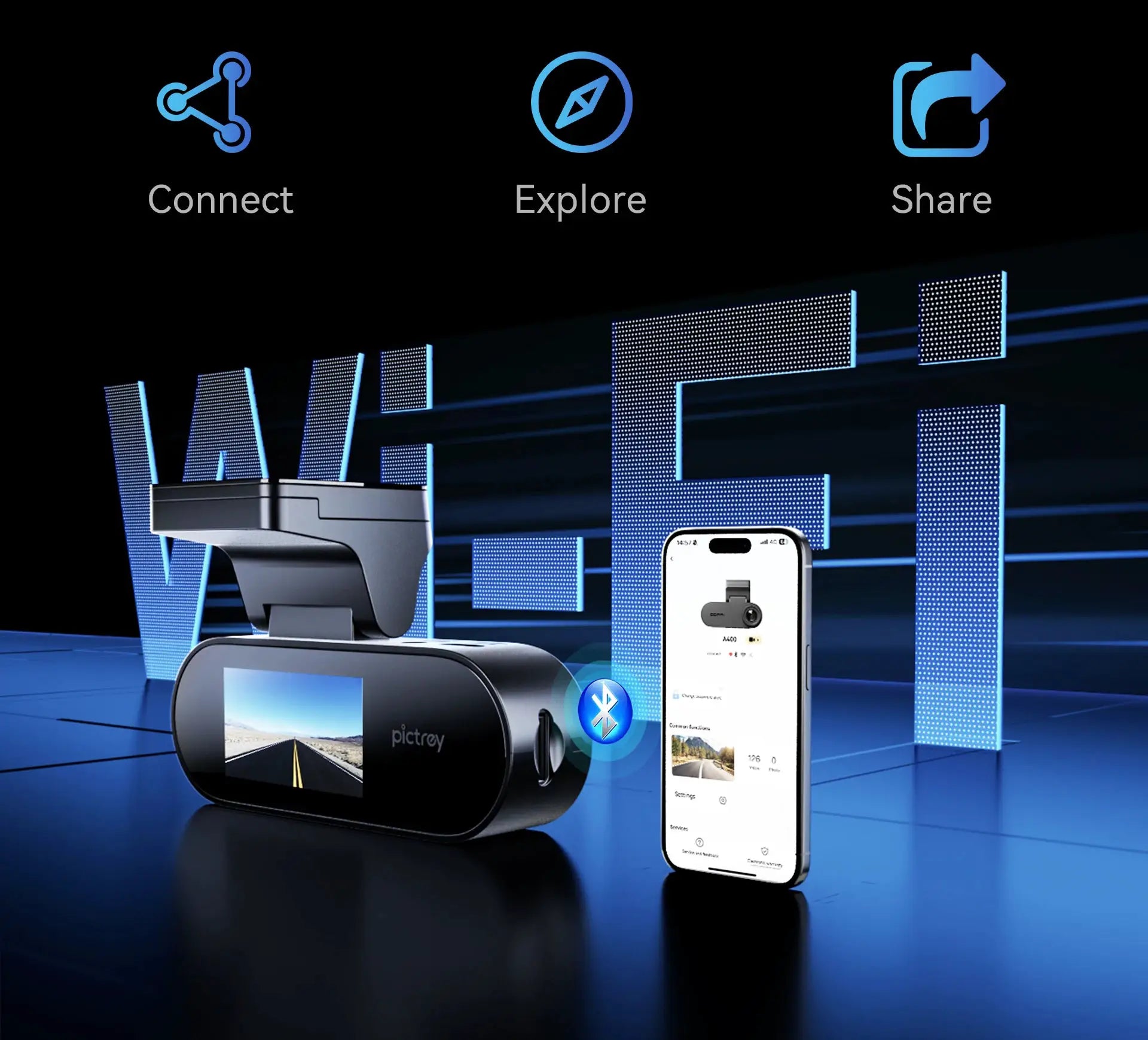 Pictrey A400 dash cam with 4K recording, built-in ADAS, Wi-Fi and a 1.9-inch IPS screen.