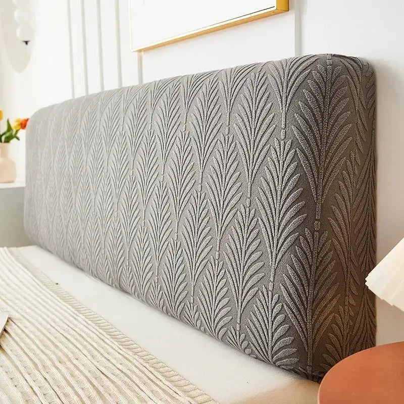 Jacquard bed headboard cover, gray leaf pattern, elastic backrest slipcover for bedroom