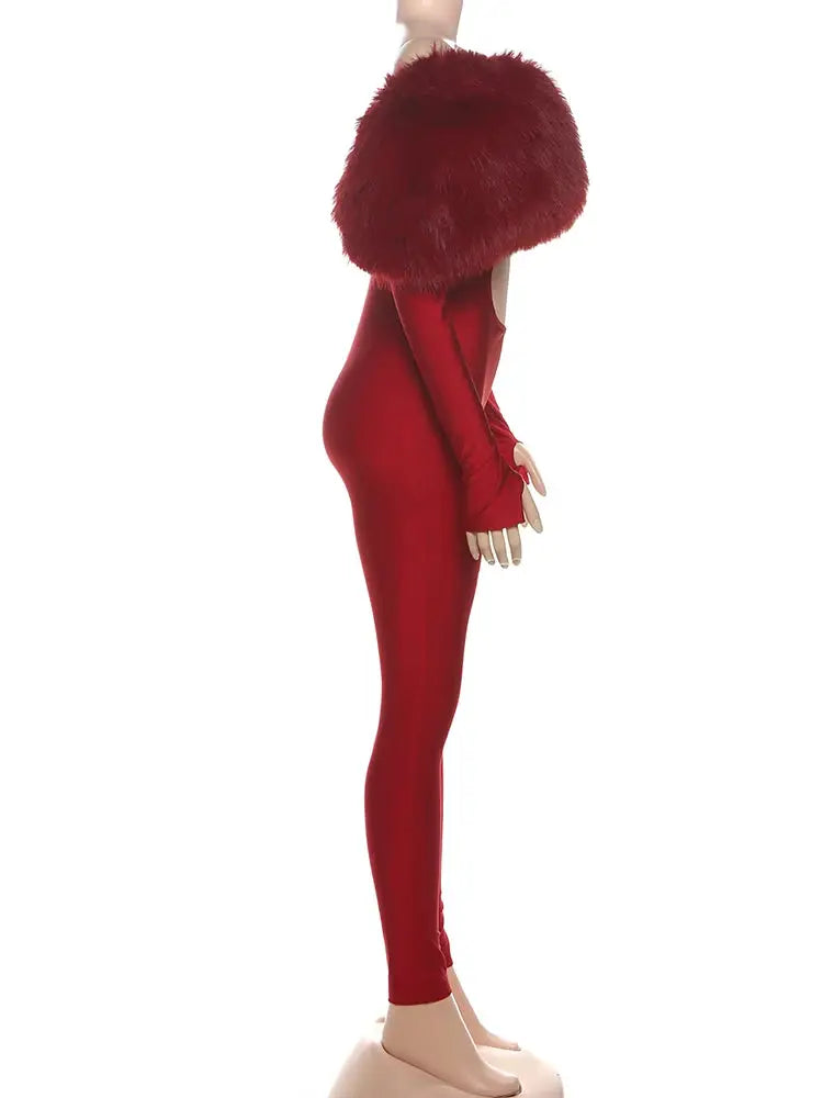 Sisterlinda red furry-neck jumpsuit with long sleeves and slim-fit legs
