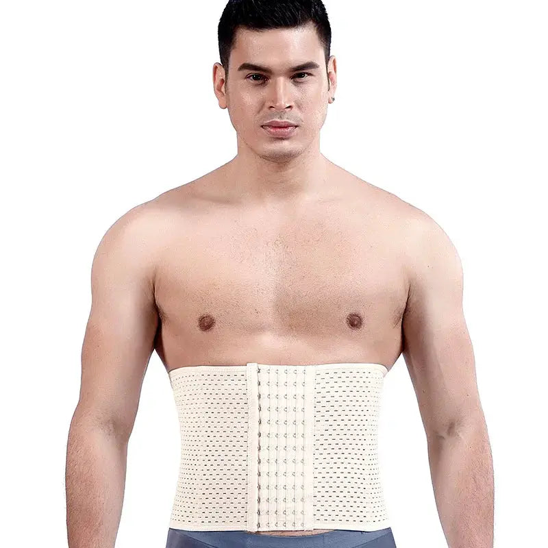 Men's slimming waist trainer belt shapewear in beige perforated mesh with front hook closures.