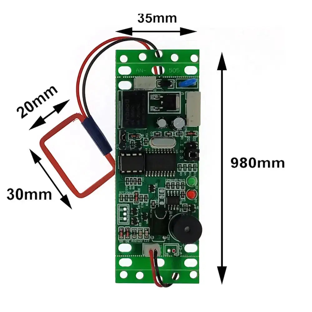 Simples Market RFID two-way embedded door access control board with dual-sided reader, green PCB and red RFID coil