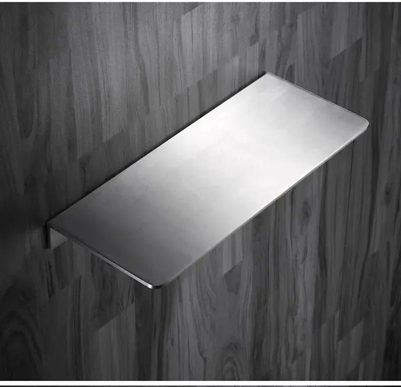 Stainless steel corner bathroom shelf in brushed chrome, wall-mounted storage rack.