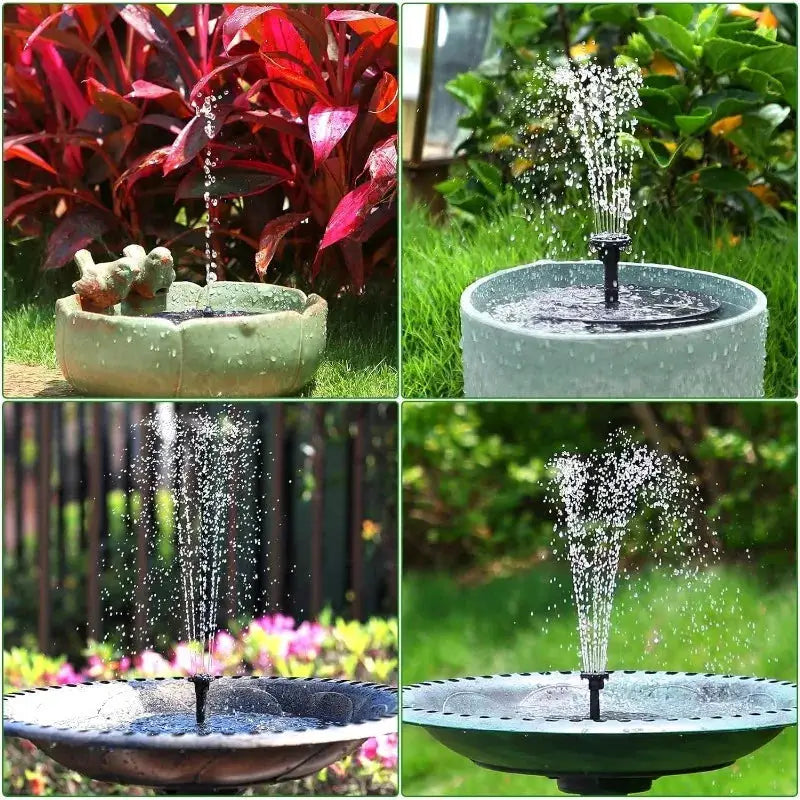 Simples Market outdoor solar fountain pump kit with 6 nozzles; four garden fountain displays in green bowls