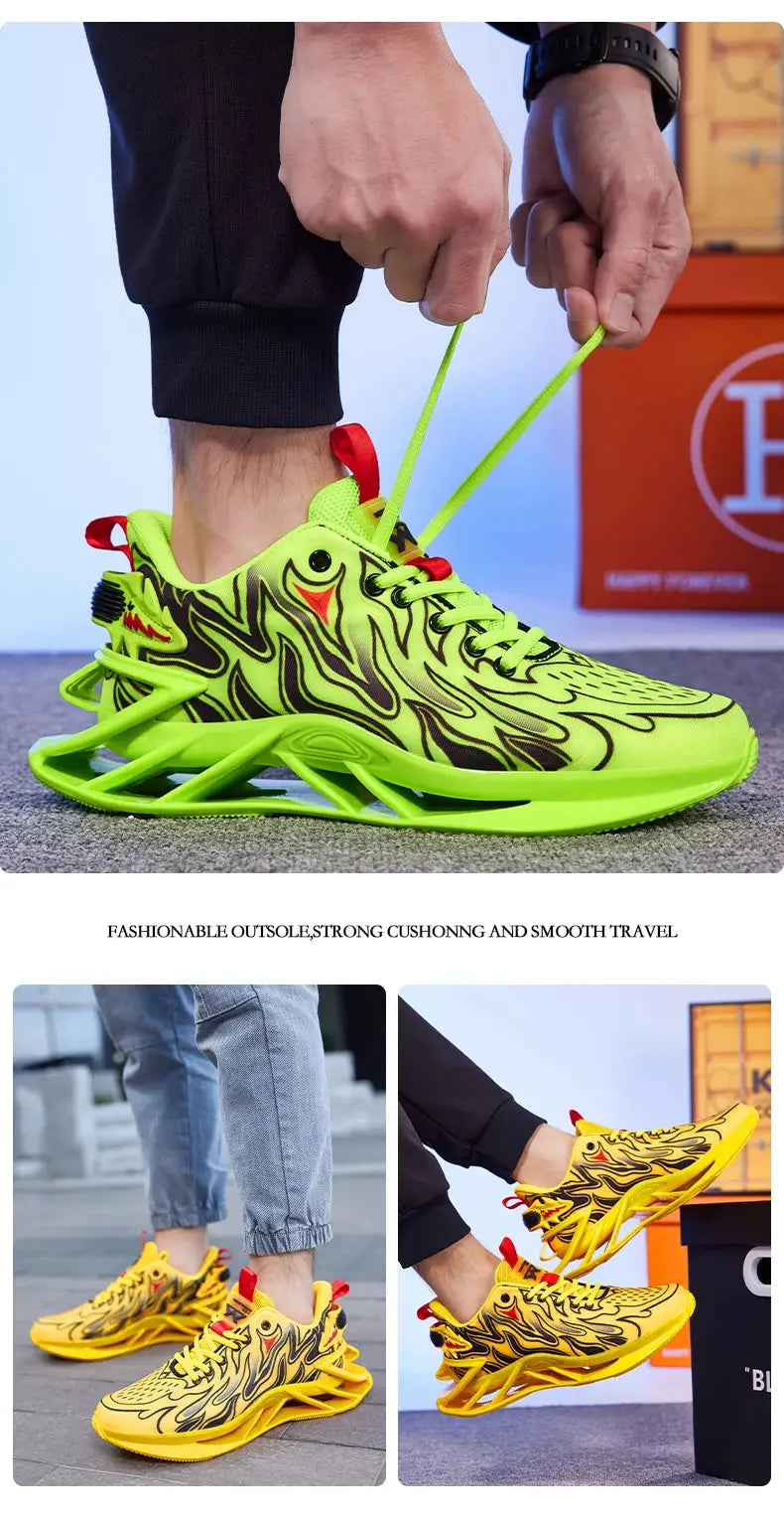 Men's neon lime sneakers with black flame pattern, neon laces and bright lime sole