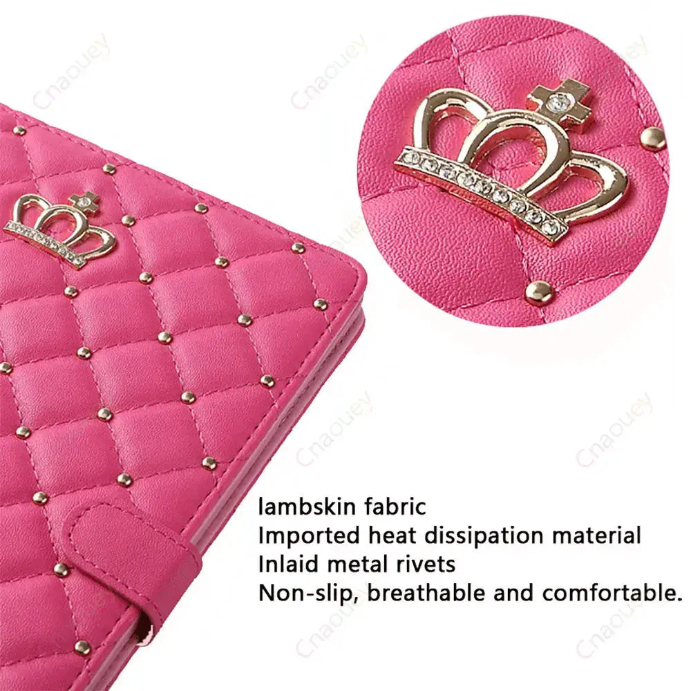 Ipad Lambskin Stand Smart Case Crown Rivet Design Plaid Pattern Scratch Resistant PU Leather