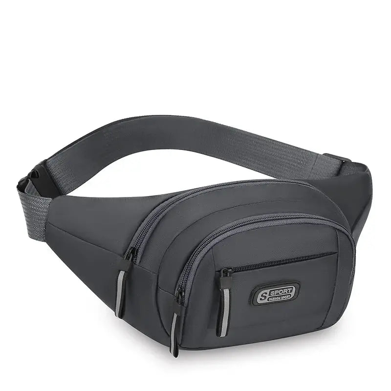 Men's charcoal gray fitness waist bag with dual zip pockets and an adjustable strap, SPORT patch