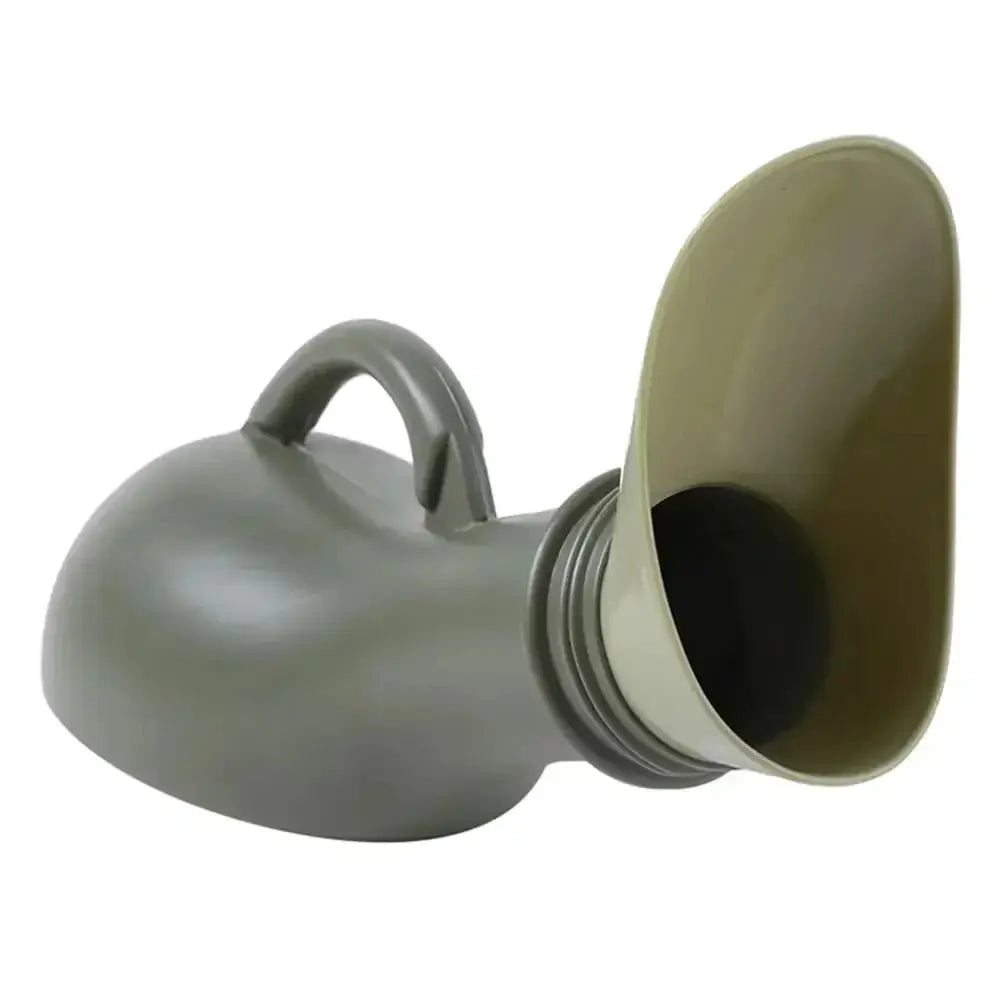Portable urinal bottle for men, lightweight gray plastic with screw cap, travel camping car toilet aid